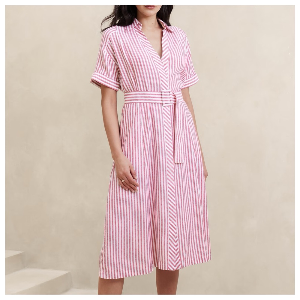 Banana Republic Linen Blend Midi Shirt Dress Pink Stripe Size Small Belt NWT